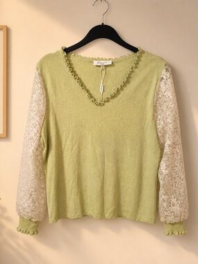 Delicate Lace-Sleeve V-Neck Sweater in Light Green